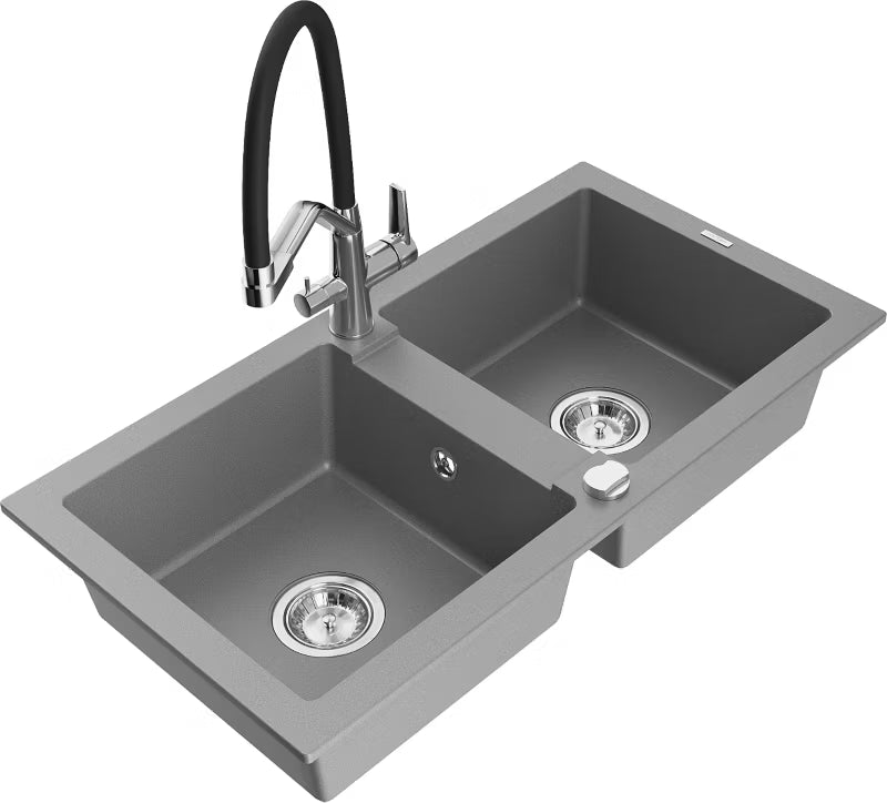 Granitvask Mario 2-Kammer 82x43,6 cm Grå med Armatur