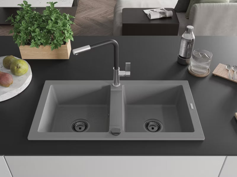 Granitvask Mario 2-Kammer 82x43,6 cm Grå med Armatur