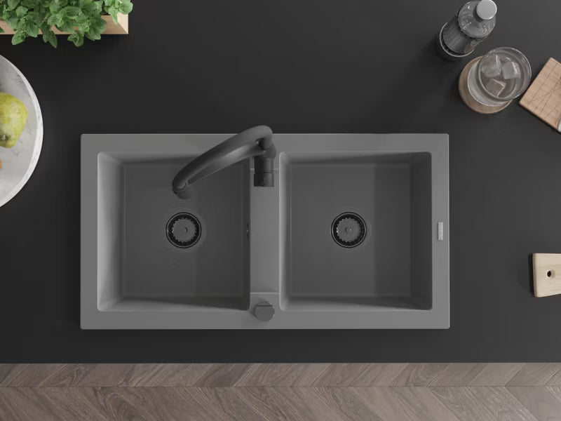 Granitvask Mario 2-Kammer 82x43,6 cm Grå med Armatur