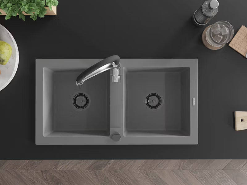 Granitvask Mario 2-Kammer 82x43,6 cm Grå med Armatur