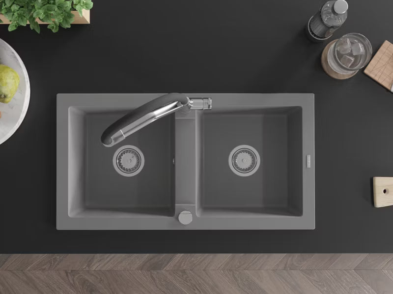 Granitvask Mario 2-Kammer 82x43,6 cm Grå med Armatur