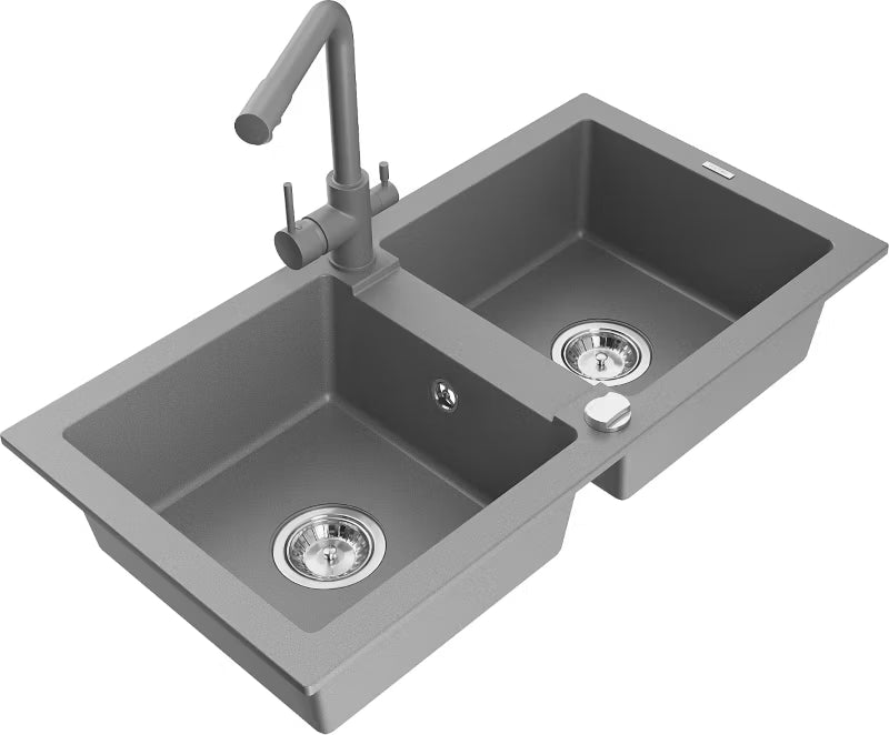 Granitvask Mario 2-Kammer 82x43,6 cm Grå med Armatur