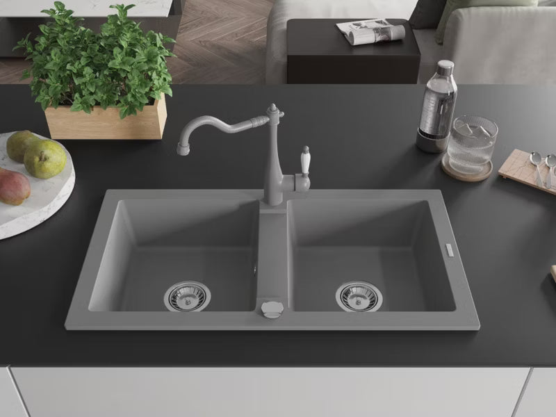 Granitvask Mario 2-Kammer 82x43,6 cm Grå med Armatur