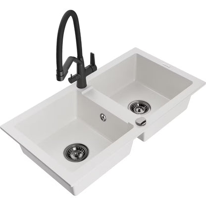 Granitvask Mario 2-Kammer 82x43,6 cm Hvid med Sort Armatur