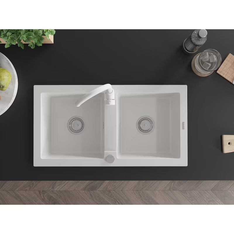 Granitvask Mario 2-Kammer 82x43,6 cm Hvid med Armatur