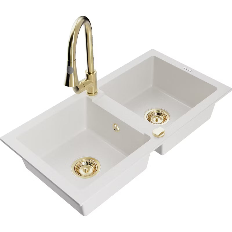 Granitvask Mario 2-Kammer 82x43,6 cm Hvid med Armatur