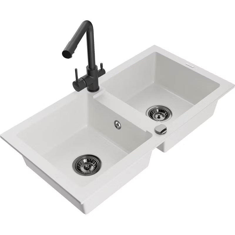 Granitvask Mario 2-Kammer 82x43,6 cm Hvid med Sort Armatur