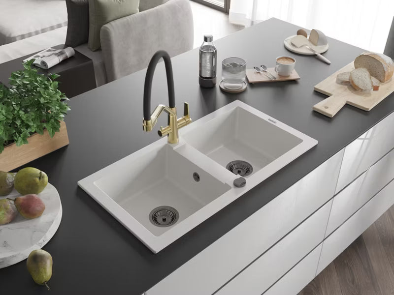 Granitvask Mario 2-Kammer 82x43,6 cm Hvid med Armatur