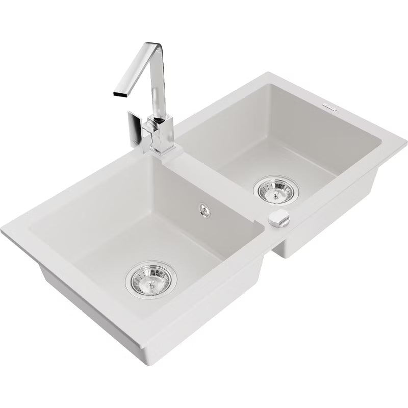 Granitvask Mario 2-Kammer 82x43,6 cm Hvid med Armatur