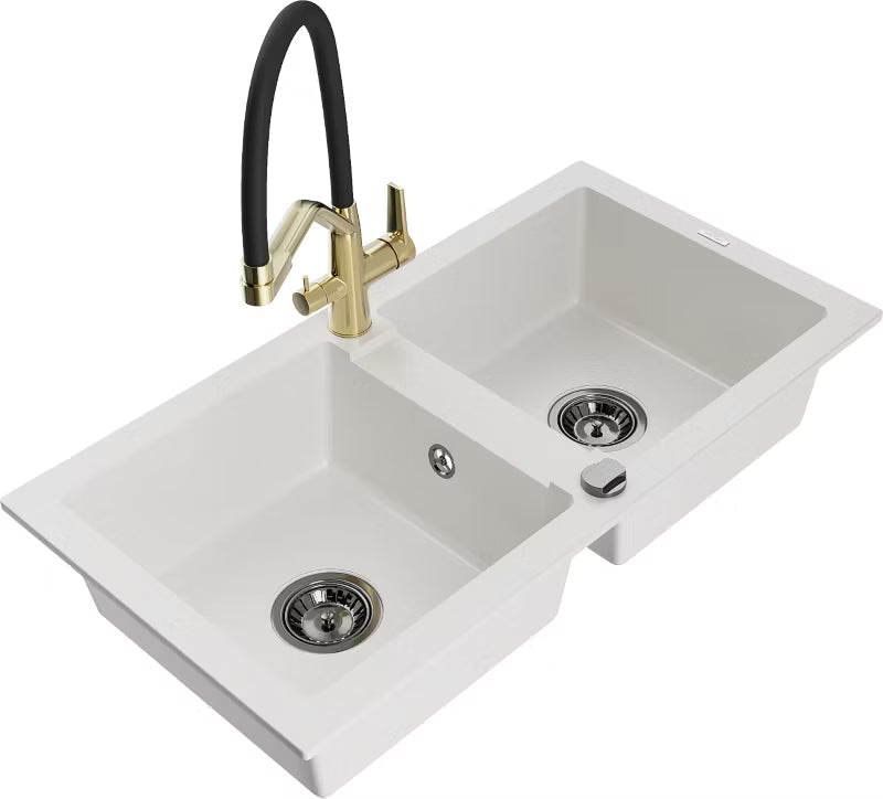 Granitvask Mario 2-Kammer 82x43,6 cm Hvid med Armatur
