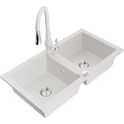 Granitvask Mario 2-Kammer 82x43,6 cm Hvid med Armatur