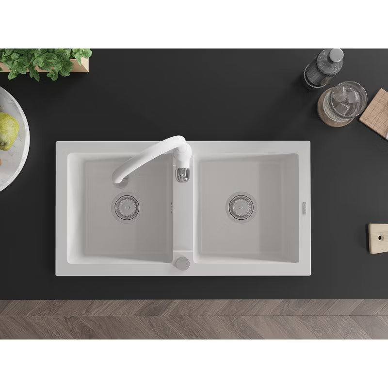 Granitvask Mario 2-Kammer 82x43,6 cm Hvid med Armatur