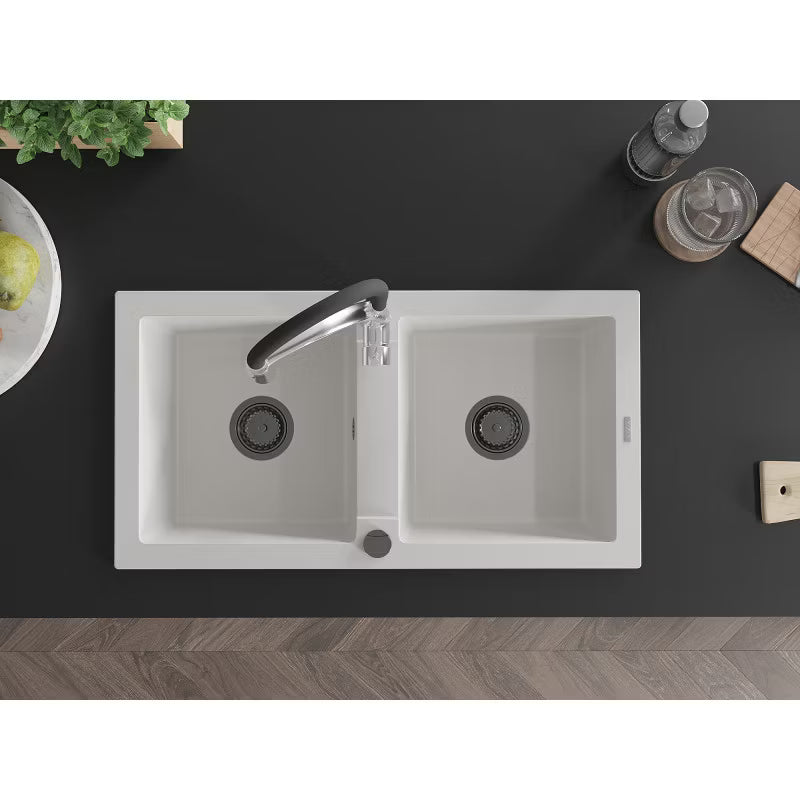 Granitvask Mario 2-Kammer 82x43,6 cm Hvid med Armatur