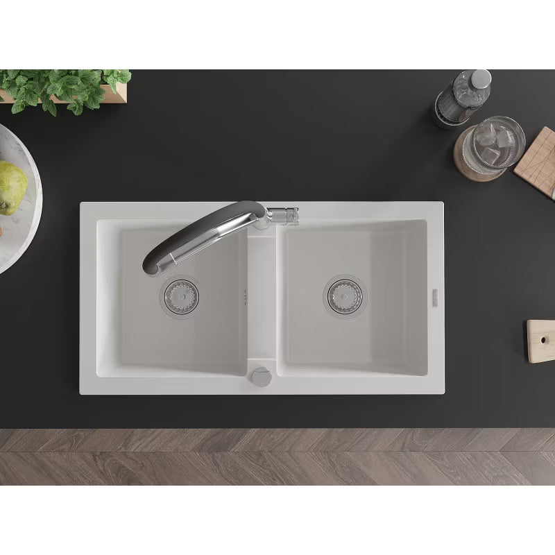 Granitvask Mario 2-Kammer 82x43,6 cm Hvid med Armatur