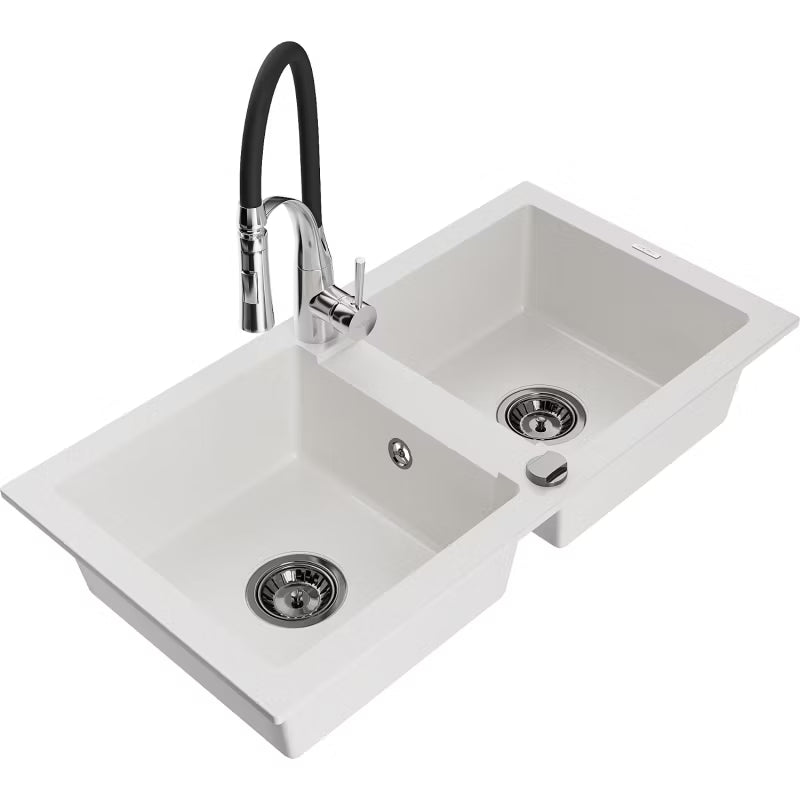 Granitvask Mario 2-Kammer 82x43,6 cm Hvid med Armatur