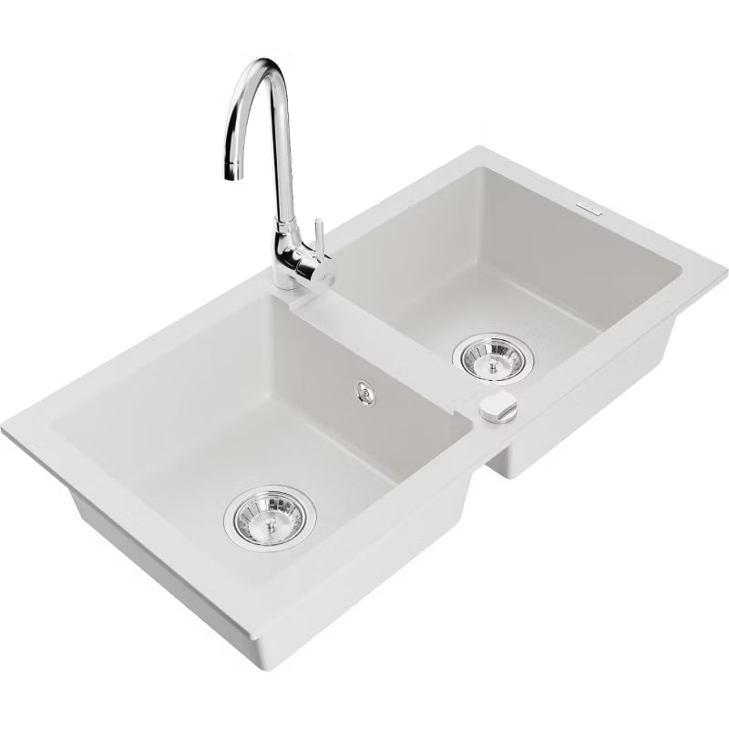 Granitvask Mario 2-Kammer 82x43,6 cm Hvid med Armatur