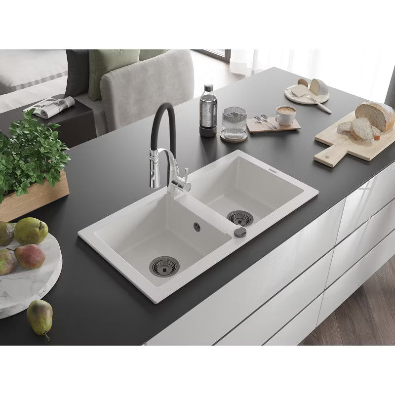 Granitvask Mario 2-Kammer 82x43,6 cm Hvid med Armatur