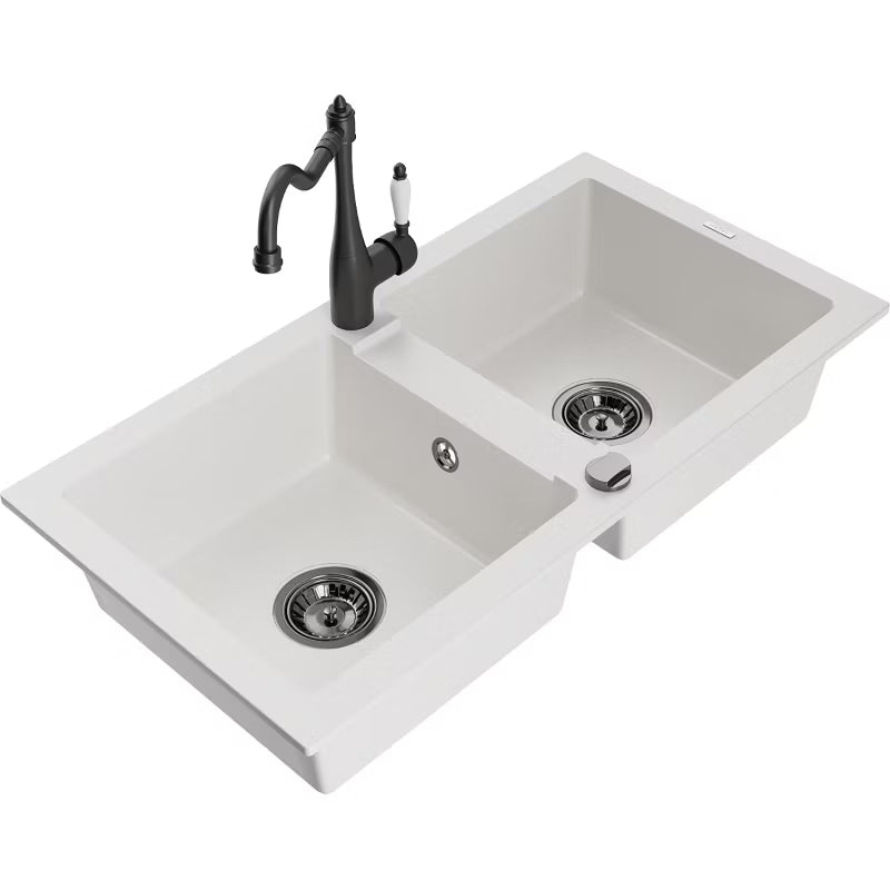 Granitvask Mario 2-Kammer 82x43,6 cm Hvid med Sort Armatur