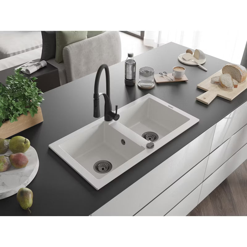 Granitvask Mario 2-Kammer 82x43,6 cm Hvid med Sort Armatur