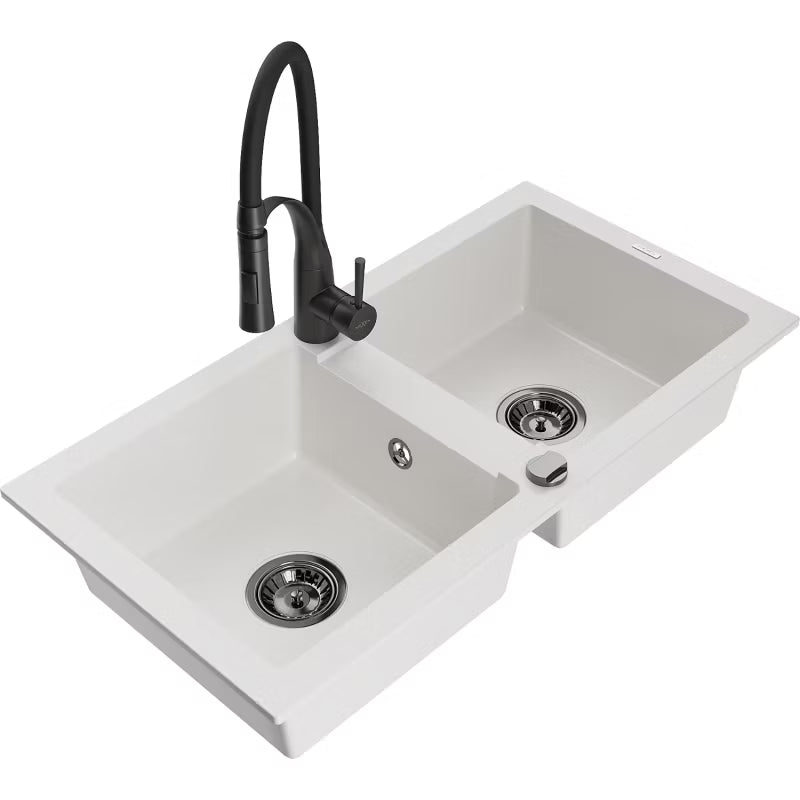 Granitvask Mario 2-Kammer 82x43,6 cm Hvid med Sort Armatur