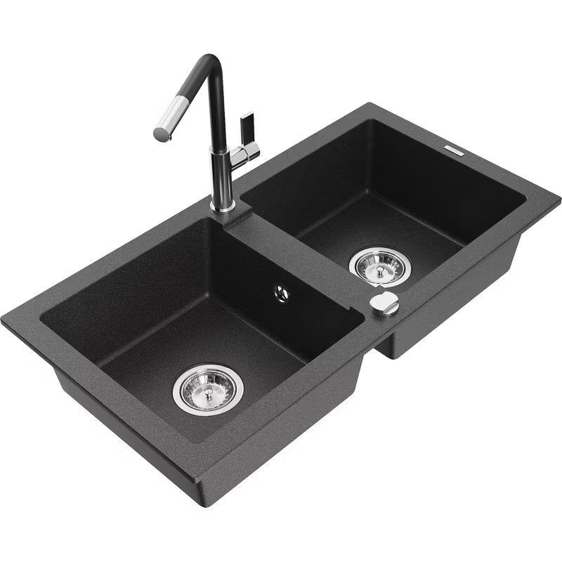Granitvask Mario 2-Kammer 82x43,6 cm med Armatur Sort Spættet