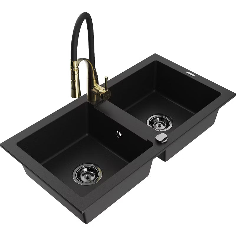 Granitvask Mario 2-Kammer 82x43,6 cm Sort med Armatur