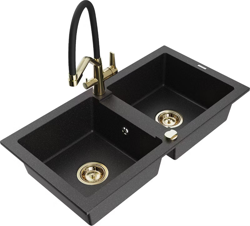 Granitvask Mario 2-Kammer 82x43,6 cm Sort med Armatur