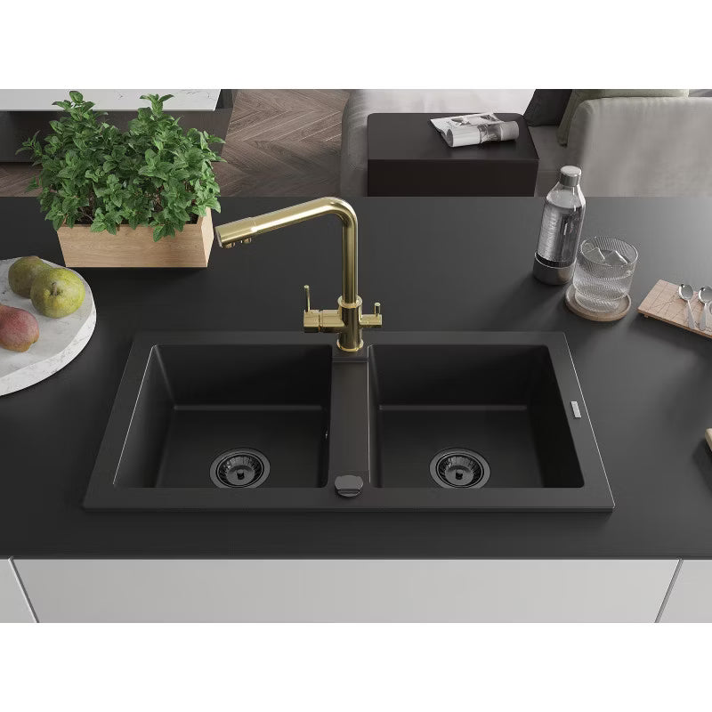 Granitvask Mario 2-Kammer 82x43,6 cm Sort med Armatur