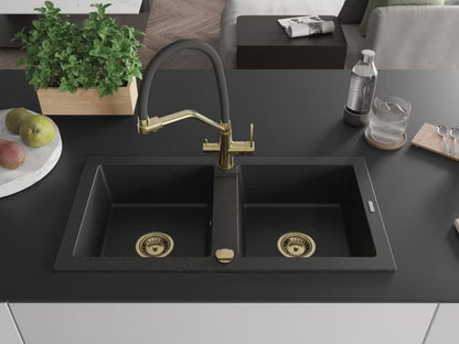 Granitvask Mario 2-Kammer 82x43,6 cm Sort med Armatur