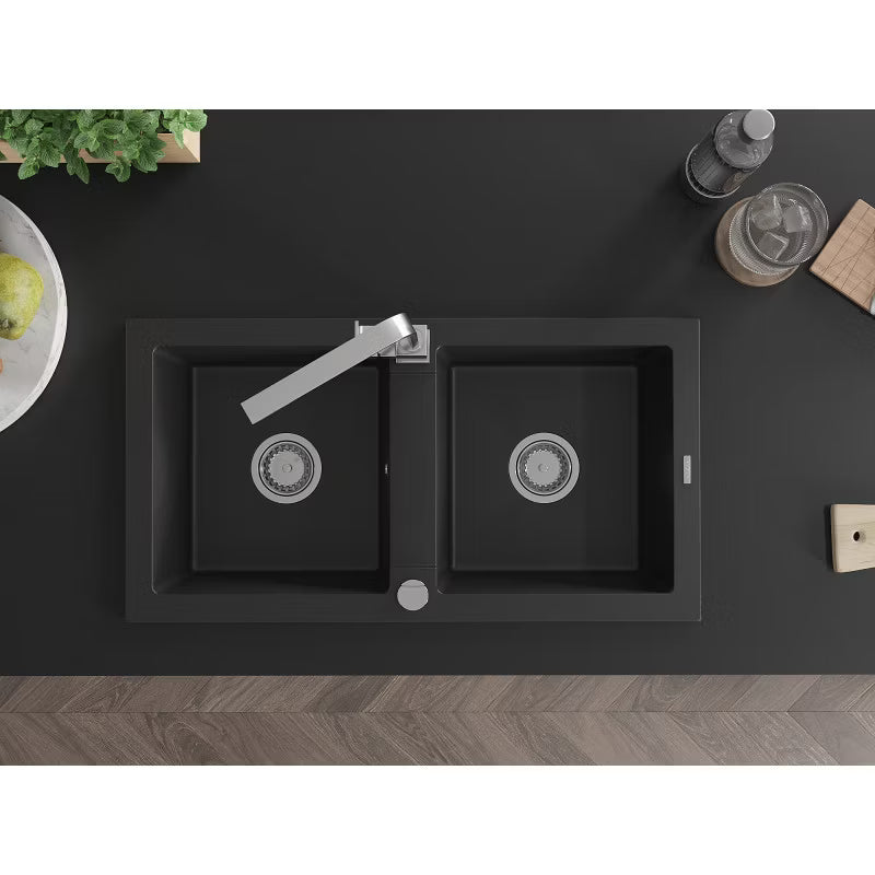 Granitvask Mario 2-Kammer 82x43,6 cm Sort med Armatur