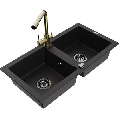 Granitvask Mario 2-Kammer 82x43,6 cm Sort med Armatur
