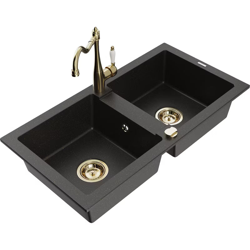 Granitvask Mario 2-Kammer 82x43,6 cm Sort med Armatur