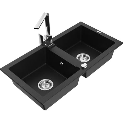 Granitvask Mario 2-Kammer 82x43,6 cm Sort med Armatur
