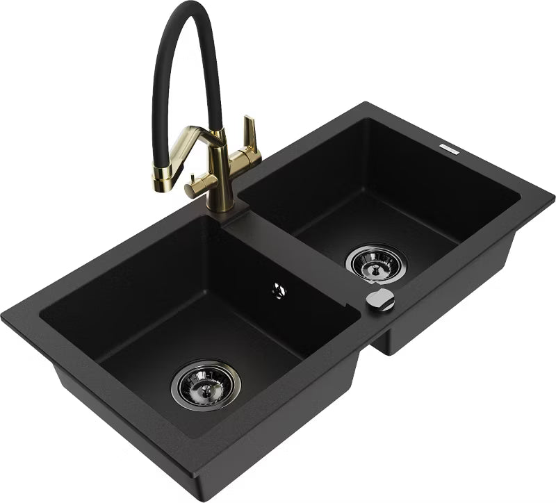 Granitvask Mario 2-Kammer 82x43,6 cm med Armatur Sort