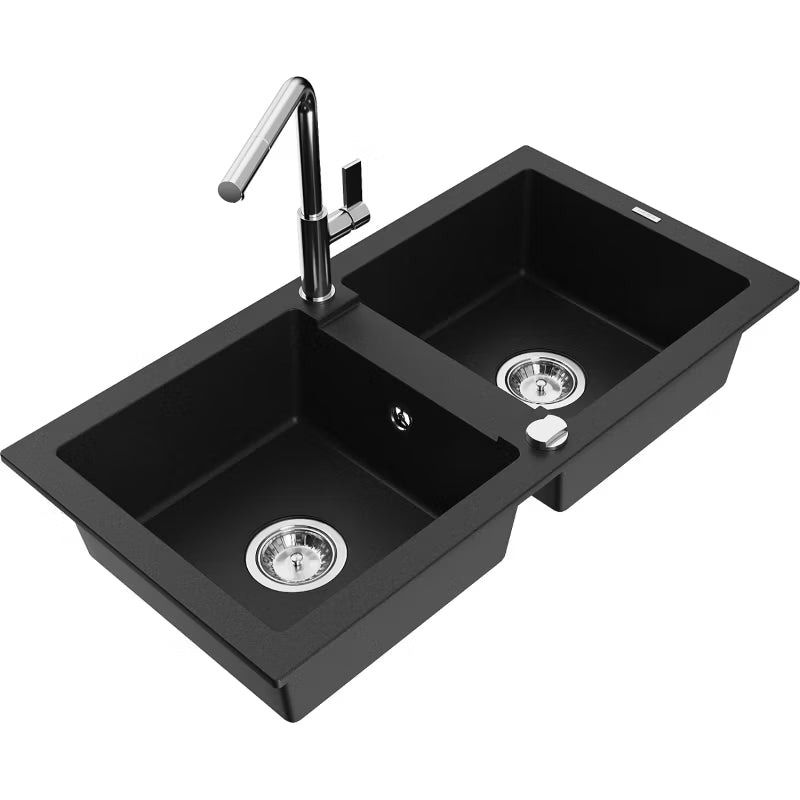 Granitvask Mario 2-Kammer 82x43,6 cm Sort med Armatur