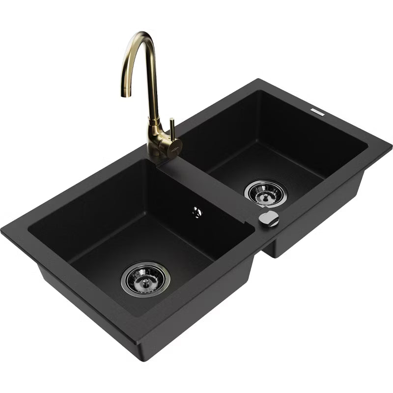 Granitvask Mario 2-Kammer 82x43,6 cm Sort med Armatur
