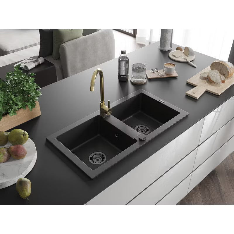 Granitvask Mario 2-Kammer 82x43,6 cm Sort med Armatur