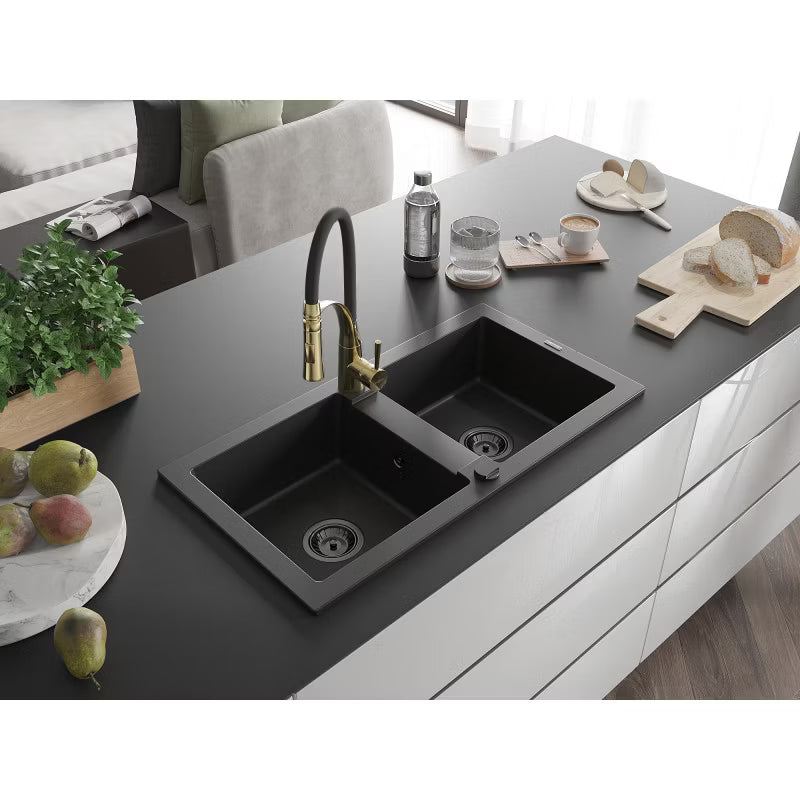 Granitvask Mario 2-Kammer 82x43,6 cm Sort med Armatur