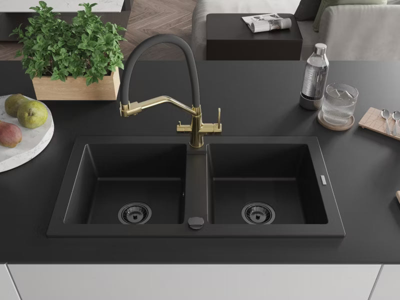 Granitvask Mario 2-Kammer 82x43,6 cm med Armatur Sort