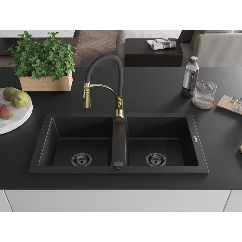 Granitvask Mario 2-Kammer 82x43,6 cm Sort med Armatur