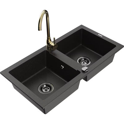 Granitvask Mario 2-Kammer 82x43,6 cm Sort med Armatur