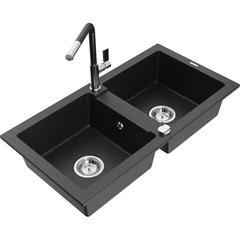Granitvask Mario 2-Kammer 82x43,6 cm Sort med Armatur