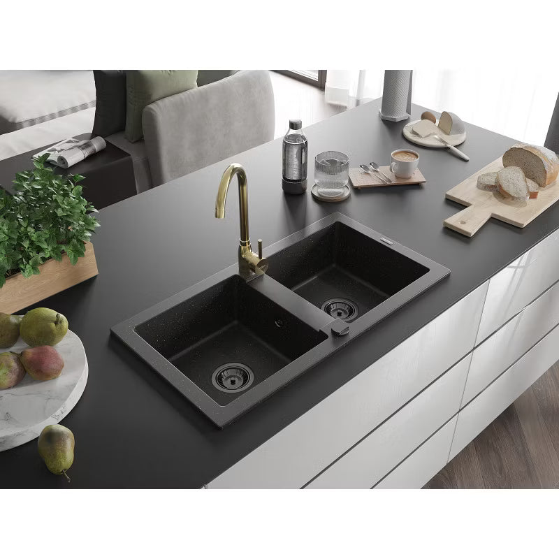 Granitvask Mario 2-Kammer 82x43,6 cm Sort med Armatur