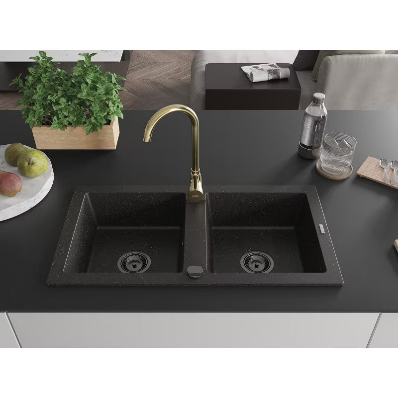 Granitvask Mario 2-Kammer 82x43,6 cm Sort med Armatur