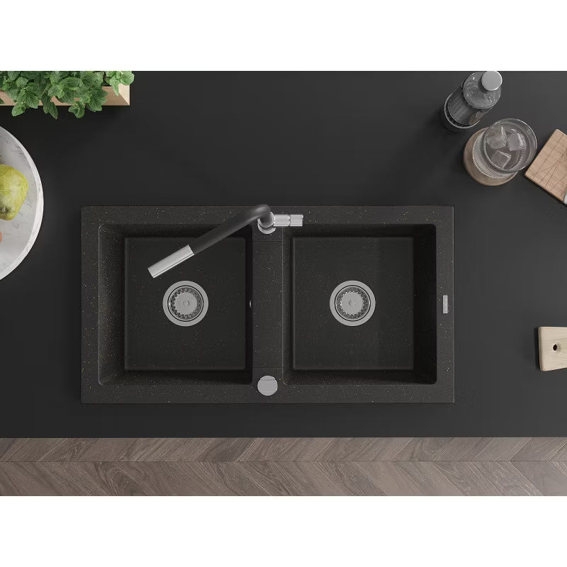 Granitvask Mario 2-Kammer 82x43,6 cm Sort med Armatur