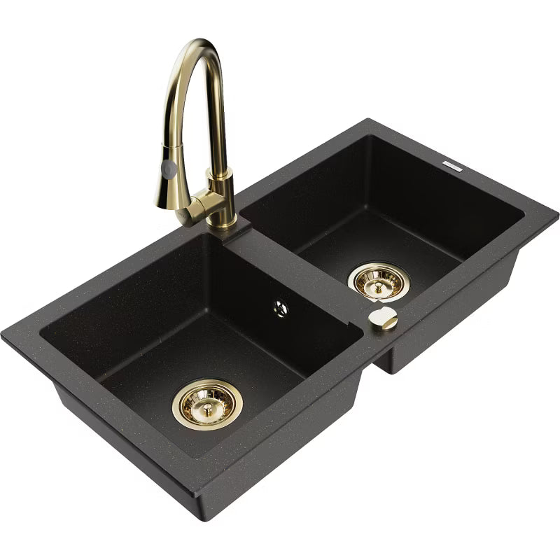 Granitvask Mario 2-Kammer 82x43,6 cm Sort med Armatur