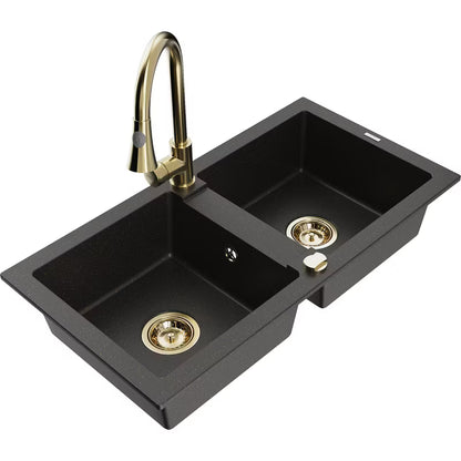 Granitvask Mario 2-Kammer 82x43,6 cm Sort med Armatur