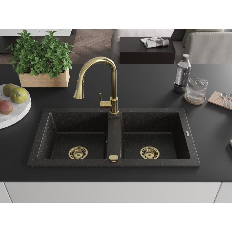 Granitvask Mario 2-Kammer 82x43,6 cm Sort med Armatur