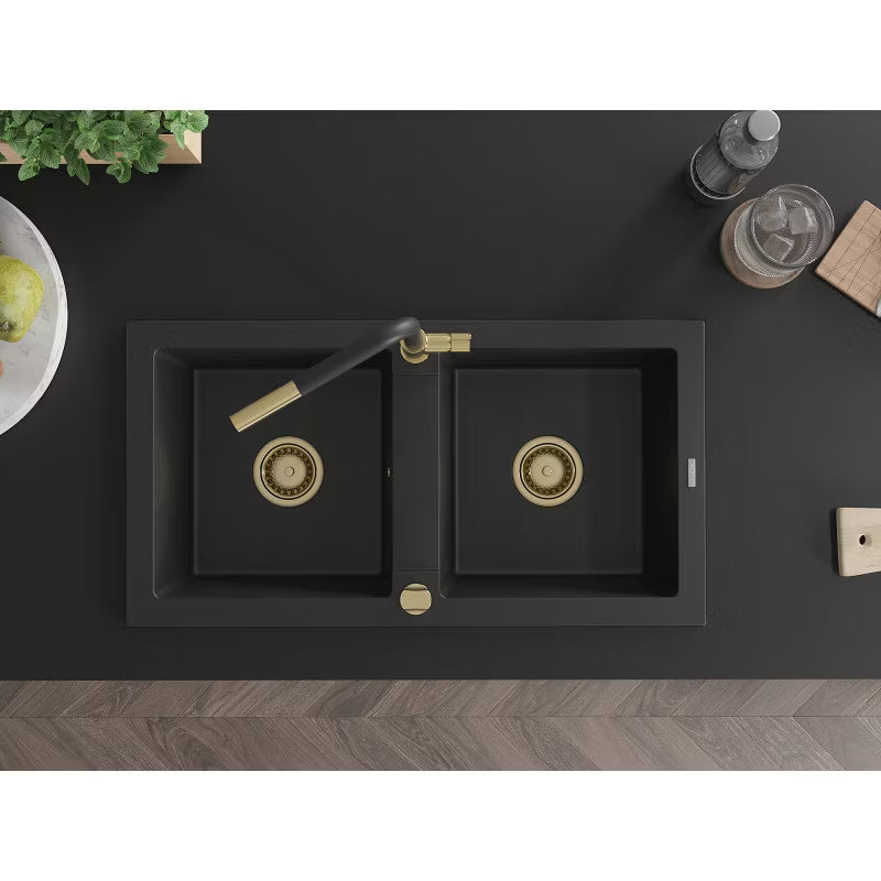 Granitvask Mario 2-Kammer 82x43,6 cm Sort med Flora Armatur