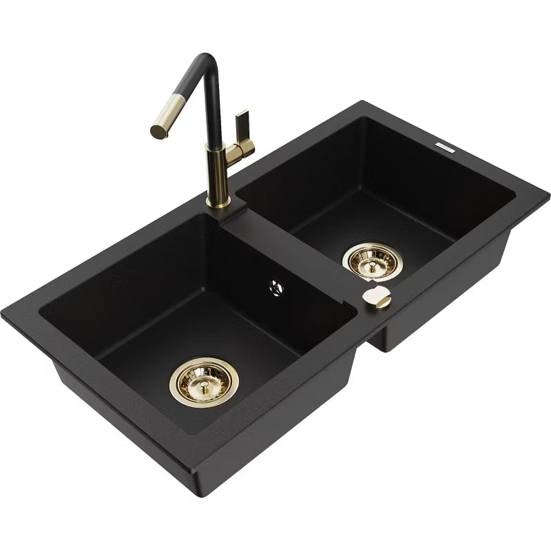 Granitvask Mario 2-Kammer 82x43,6 cm Sort med Flora Armatur